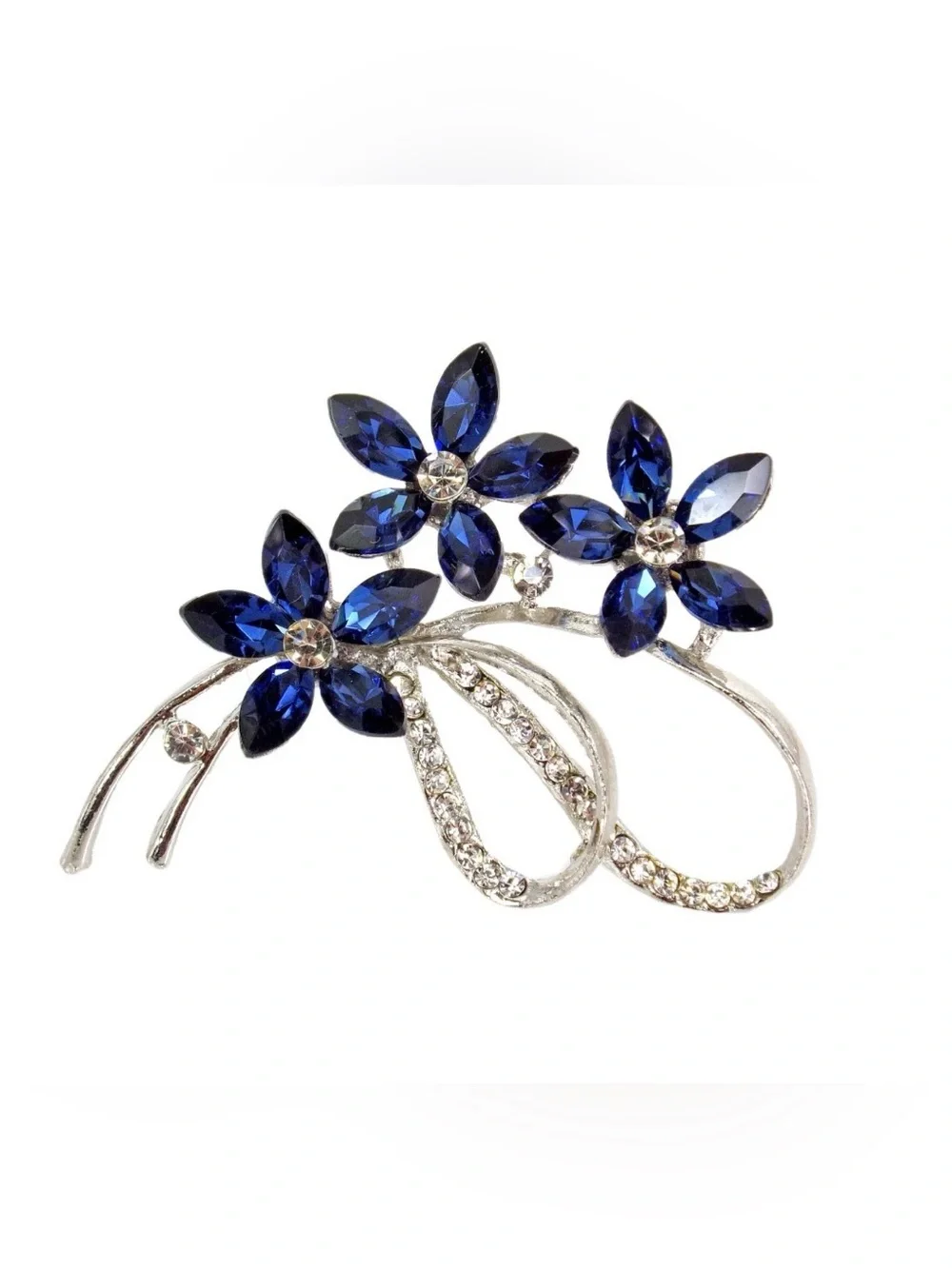 Blue crystal flower pin brooch with three blue marquise crystal flowers New